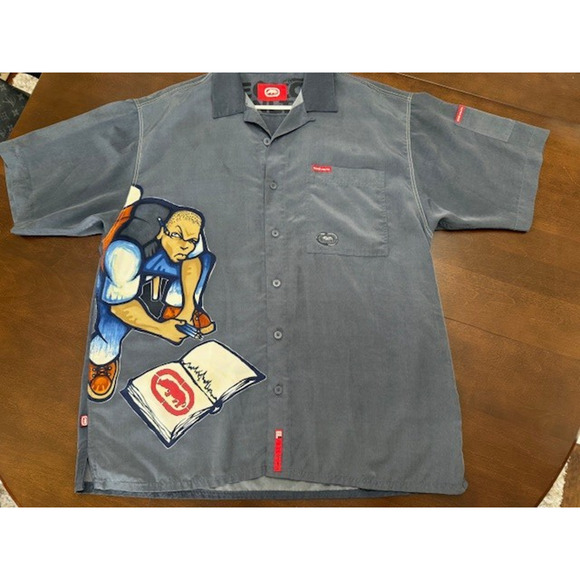 Ecko Unltd Mens Mindquarters Graphic Vintage Y2K Polyester Camp Shirt Grey XL - Picture 3 of 10